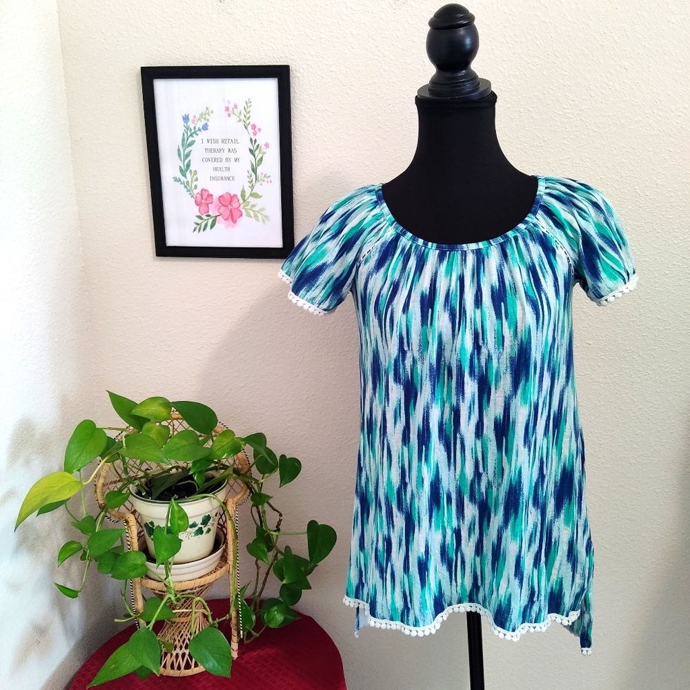 Vintage French Laundry Blouse Small Blue Green Tie Dye Boho Y2K 90s Crochet Trim